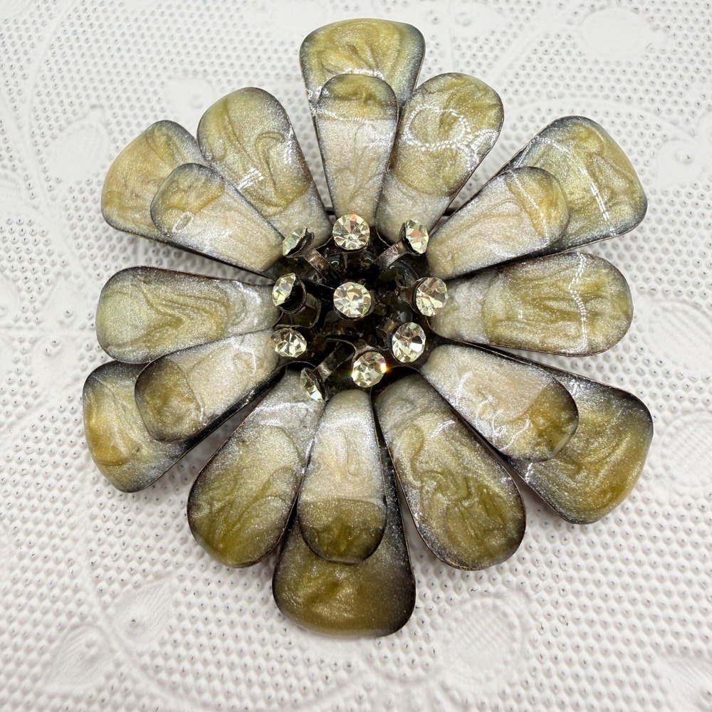 Vintage Cream Brown Enamel Flower Floral Brooch w/ Yellow Green Rhinestones